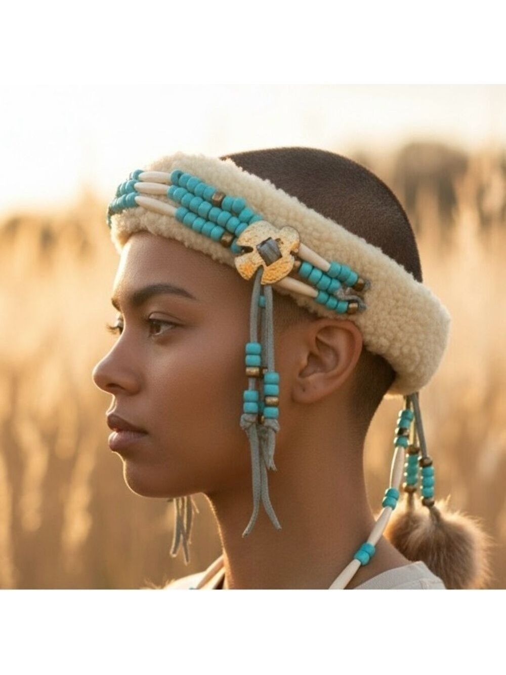VTG NATIVE INSPIRED HEADBAND THUNDERBIRD MEDAL & SILVER W FAUX TURQUOISE BEADS